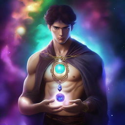 Create an image of a young adult human space Druid with a magical gem glowing on their chest