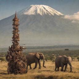 A steampunk-inspired version of Tanzania, highlighting Mount Kilimanjaro with antique gears adorning its slopes, cities like Dar es Salaam boasting copper-clad towers, and the wild Serengeti teeming with mechanized wildlife.