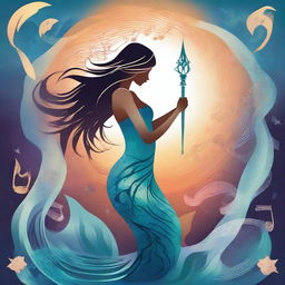 A fantasy-style image featuring a glowing mermaid tail adorned with musical notes flowing like enchanted melodies