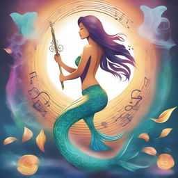 A fantasy-style image featuring a glowing mermaid tail adorned with musical notes flowing like enchanted melodies