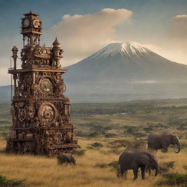 A steampunk-inspired version of Tanzania, highlighting Mount Kilimanjaro with antique gears adorning its slopes, cities like Dar es Salaam boasting copper-clad towers, and the wild Serengeti teeming with mechanized wildlife.