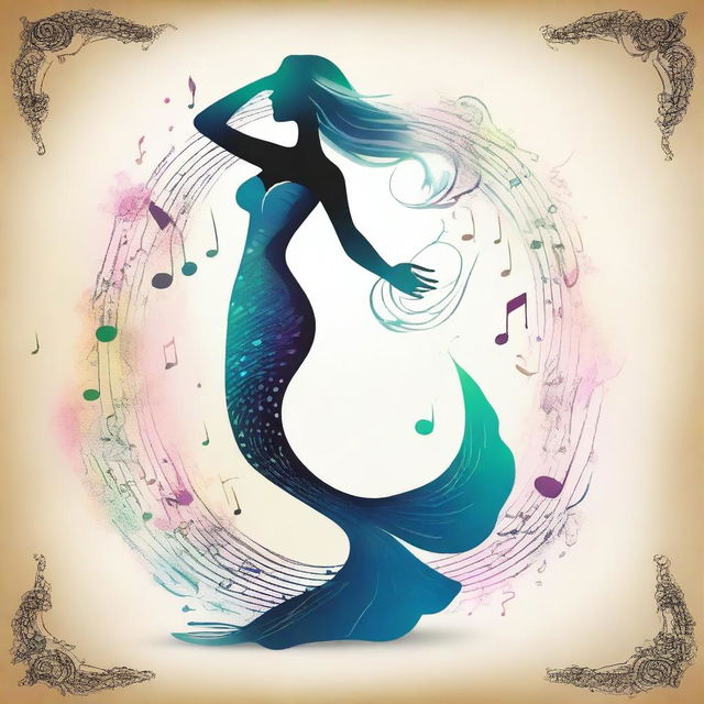 A fantasy-style image featuring only a glowing mermaid tail adorned with musical notes flowing like enchanted melodies