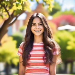 A beautiful teenage Latina girl with long flowing hair, smiling brightly in a sunny outdoor setting