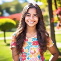 A beautiful teenage Latina girl with long flowing hair, smiling brightly in a sunny outdoor setting