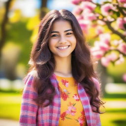 A beautiful teenage Latina girl with long flowing hair, smiling brightly in a sunny outdoor setting