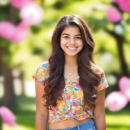 A beautiful teenage Latina girl with long flowing hair, smiling brightly in a sunny outdoor setting