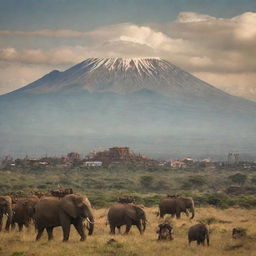 A steampunk-inspired version of Tanzania, highlighting Mount Kilimanjaro with antique gears adorning its slopes, cities like Dar es Salaam boasting copper-clad towers, and the wild Serengeti teeming with mechanized wildlife.