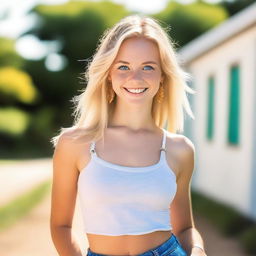 A young 18-year-old blonde woman from Texas with blue eyes