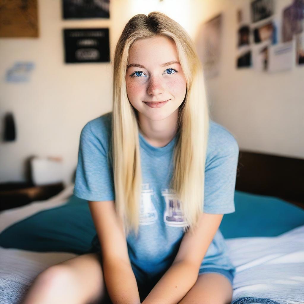 A young 18-year-old blonde woman from Texas with blue eyes, sitting on her bed in her bedroom