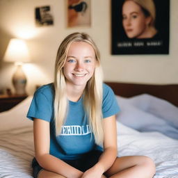 A young 18-year-old blonde woman from Texas with blue eyes, sitting on her bed in her bedroom