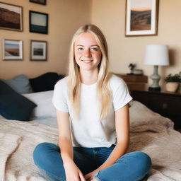 A young 18-year-old blonde woman from Texas with blue eyes, sitting on her bed in her bedroom