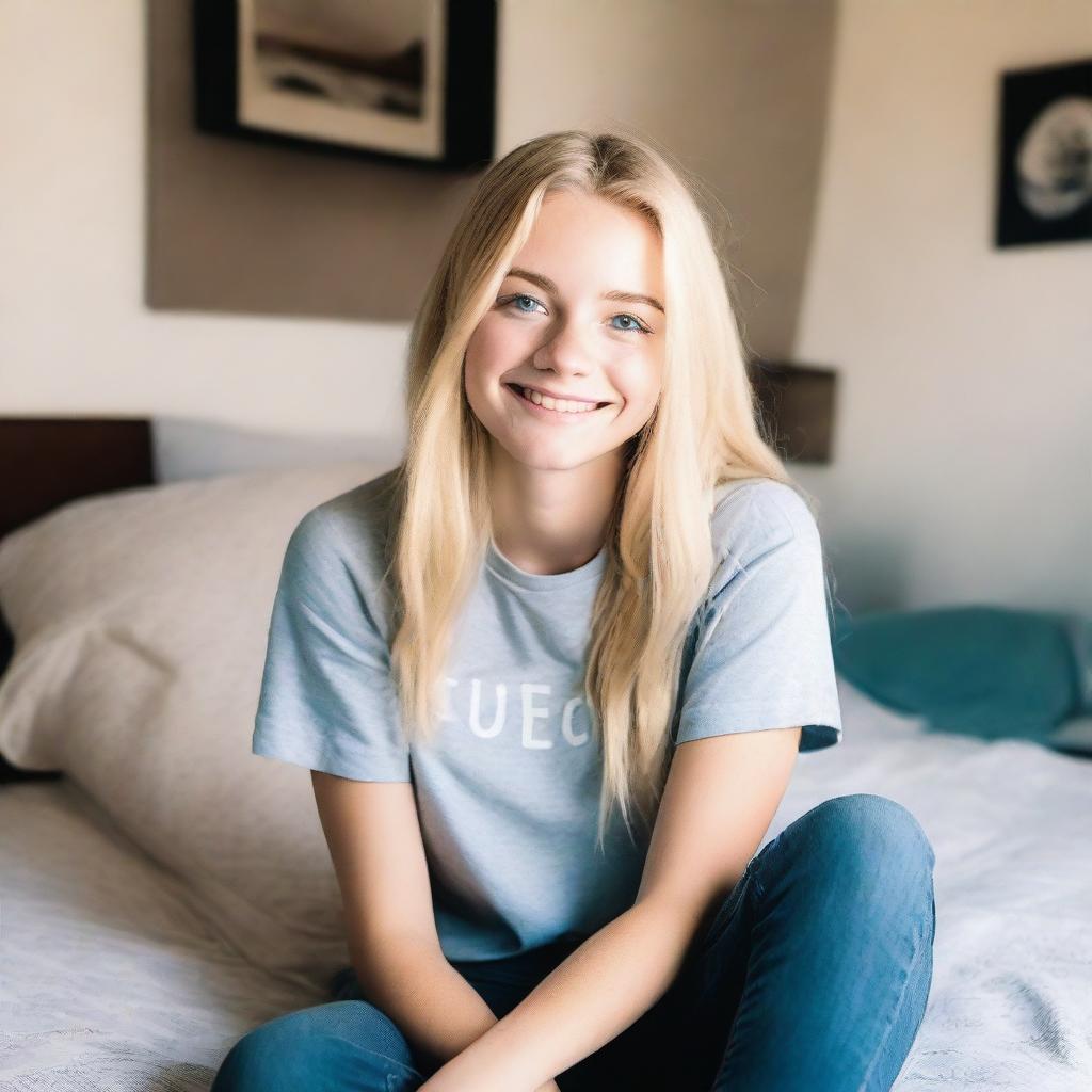 A young 18-year-old blonde woman from Texas with blue eyes, sitting on her bed in her bedroom