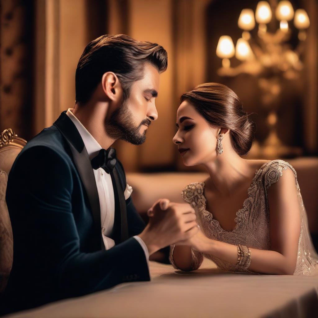 A woman's hand gently touching a man's hand with passionate love in a luxurious setting