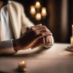 A close-up frame of just the hands of a couple touching with passionate love in a luxurious setting