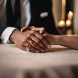 A close-up frame of just the hands of a couple touching with passionate love in a luxurious setting