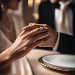 A close-up frame of just the hands of a couple touching with passionate love in a luxurious setting