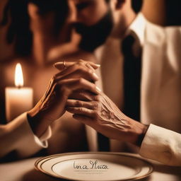 A close-up frame of just the hands of a couple touching with passionate love in a luxurious setting with the title 'Un año para amar'