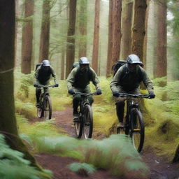 A group of mountain bike patrollers riding through a dense forest, actively searching for a sasquatch