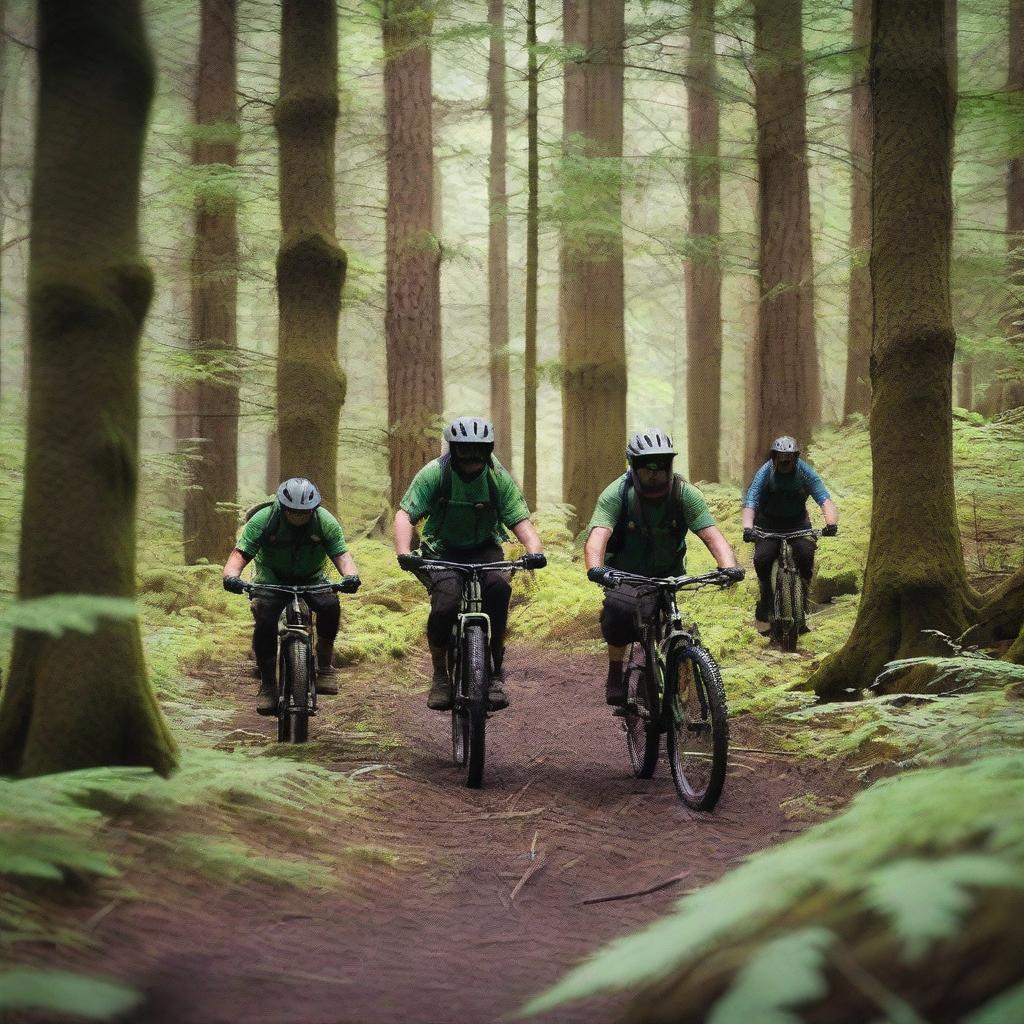 A group of mountain bike patrollers riding through a dense forest, actively searching for a sasquatch