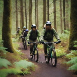 A group of mountain bike patrollers riding through a dense forest, actively searching for a sasquatch