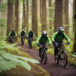 A group of mountain bike patrollers riding through a dense forest, actively searching for a sasquatch