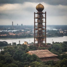 A fascinating view of Uganda transformed by a steampunk aesthetic: envision Kampala's skyline punctuated by towering gear structures, Lake Victoria surrounded by steam engines and mechanical wildlife roaming amidst the equatorial forests.