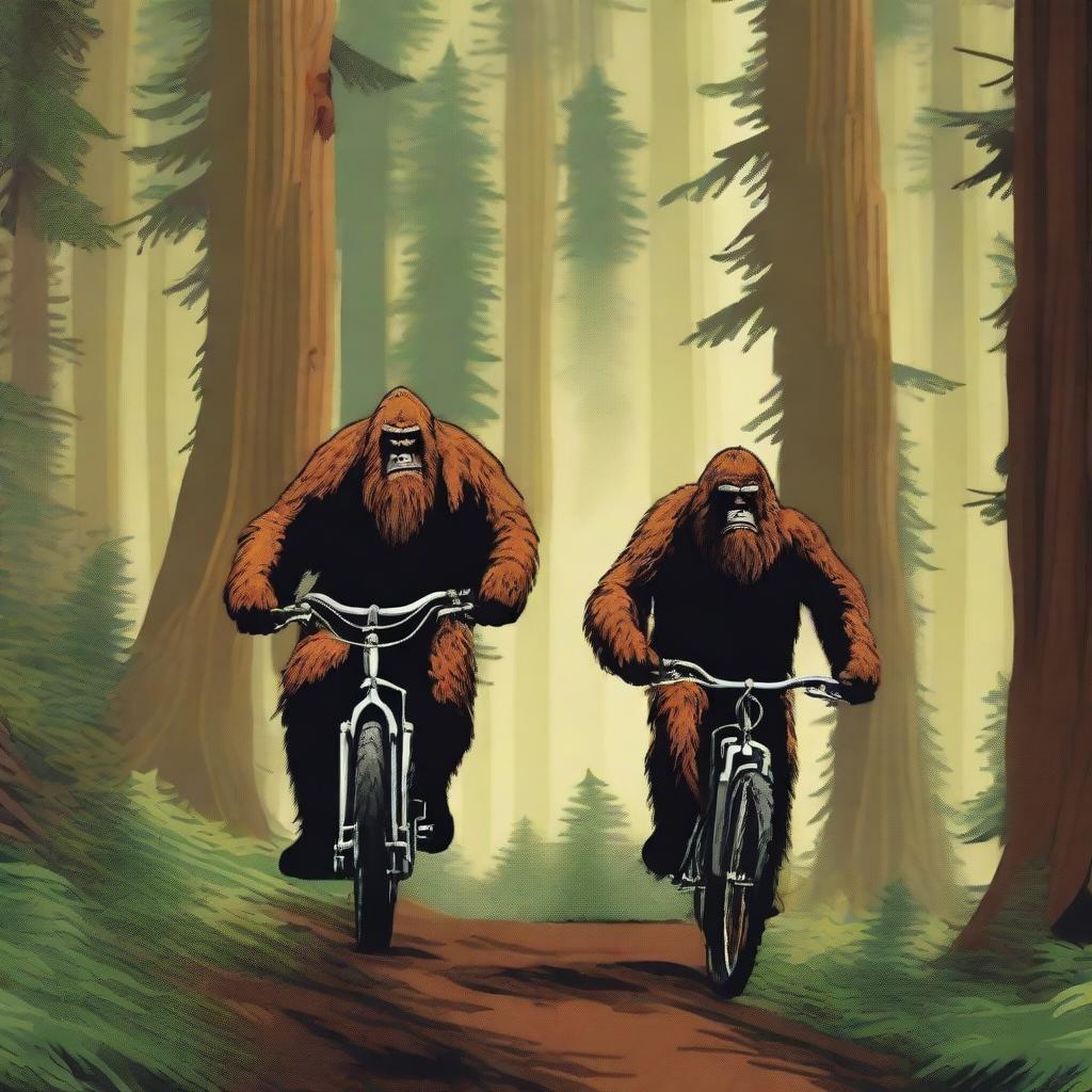 A dramatic scene featuring a mountain bike patroller encountering a Sasquatch in a dense forest