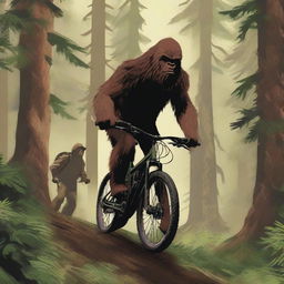 A dramatic scene featuring a mountain bike patroller encountering a Sasquatch in a dense forest