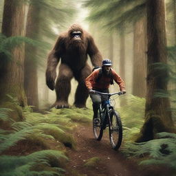 A dramatic scene featuring a mountain bike patroller encountering a Sasquatch in a dense forest