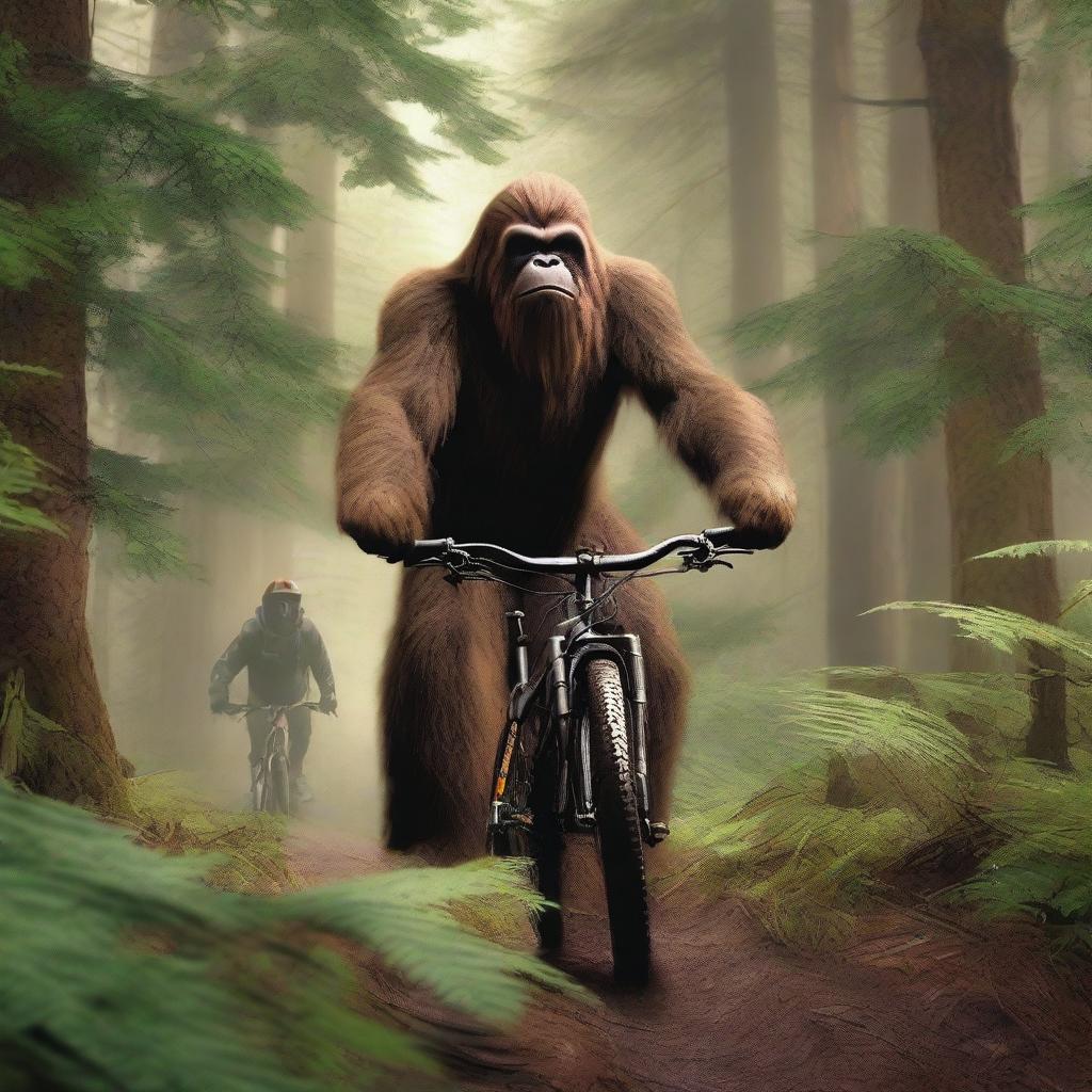 A dramatic scene featuring a mountain bike patroller encountering a Sasquatch in a dense forest