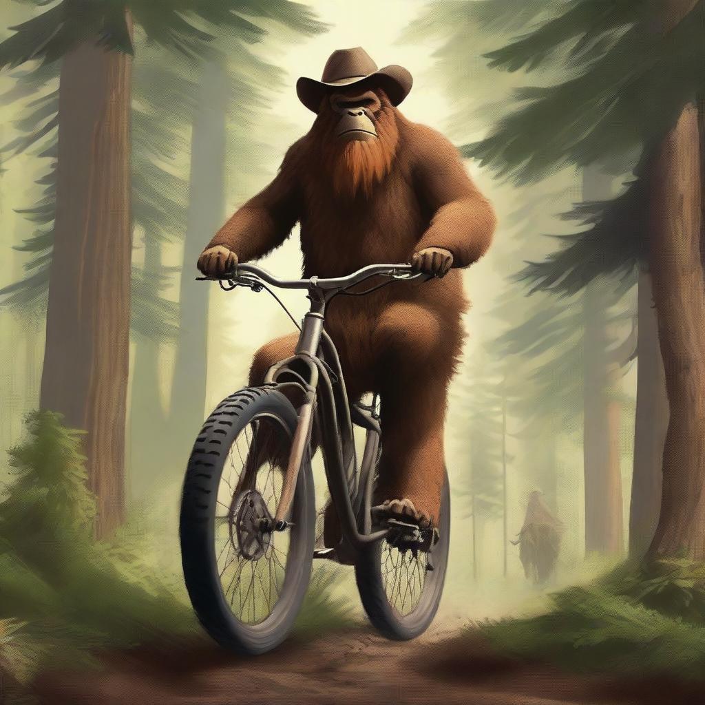 An old-time cowboy, dressed in traditional western attire, is riding a modern mountain bike through a dense forest