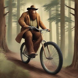 An old-time cowboy, dressed in traditional western attire, is riding a modern mountain bike through a dense forest