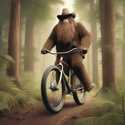 An old-time cowboy, dressed in traditional western attire, is riding a modern mountain bike through a dense forest