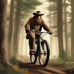 An old-time cowboy, dressed in traditional western attire, is riding a modern mountain bike through a dense forest