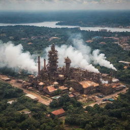 A fascinating view of Uganda transformed by a steampunk aesthetic: envision Kampala's skyline punctuated by towering gear structures, Lake Victoria surrounded by steam engines and mechanical wildlife roaming amidst the equatorial forests.