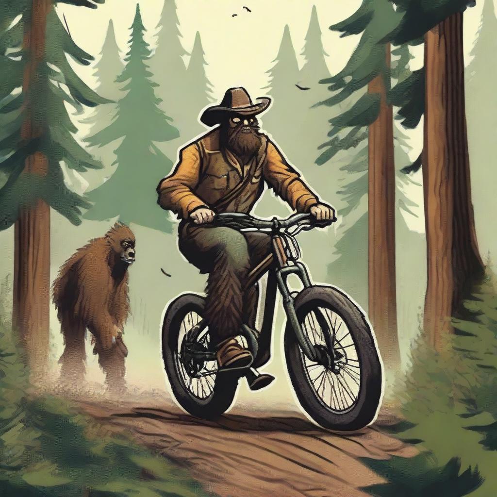 A rough and rugged cowboy, wearing traditional western attire, is riding a modern mountain bike through a dense forest