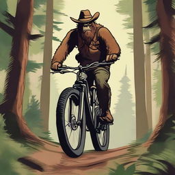 A rough and rugged cowboy, wearing traditional western attire, is riding a modern mountain bike through a dense forest