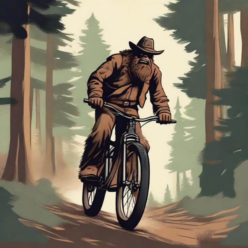 A rough and rugged cowboy, wearing traditional western attire, is riding a modern mountain bike through a dense forest