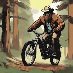 A rough and rugged cowboy, wearing traditional western attire, is riding a modern mountain bike through a dense forest