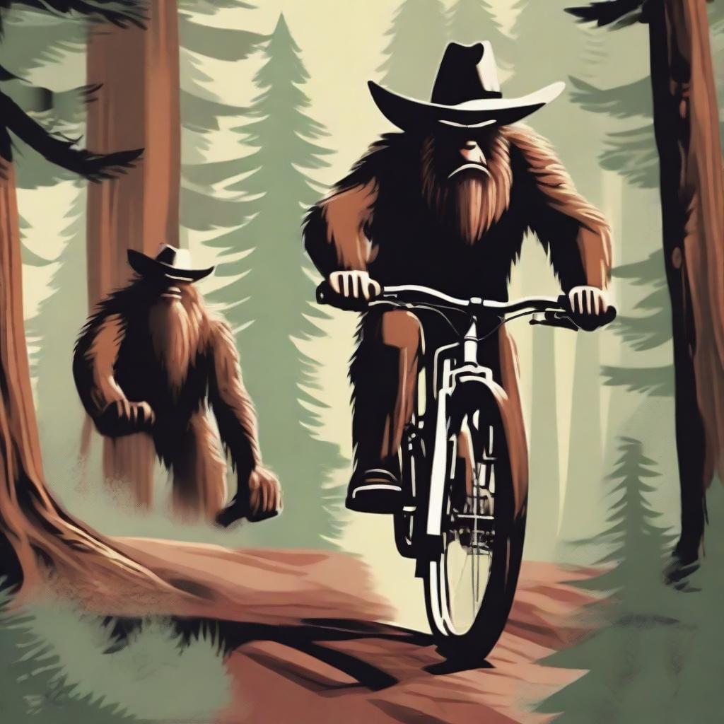 A cowboy riding a mountain bike through a rugged mountain trail with a sasquatch in the background