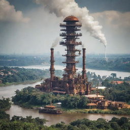 A fascinating view of Uganda transformed by a steampunk aesthetic: envision Kampala's skyline punctuated by towering gear structures, Lake Victoria surrounded by steam engines and mechanical wildlife roaming amidst the equatorial forests.