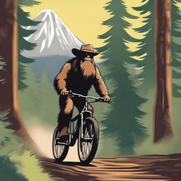 A cowboy riding a mountain bike through a rugged mountain trail with a sasquatch in the background