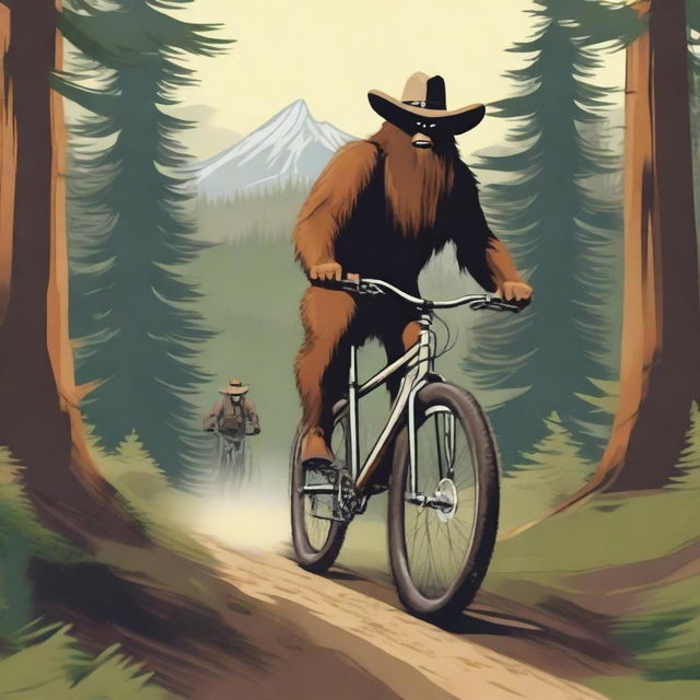 A cowboy riding a mountain bike through a rugged mountain trail with a sasquatch in the background