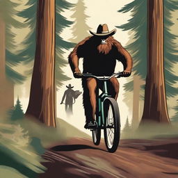 A cowboy riding a mountain bike through a rugged mountain trail with a sasquatch in the background