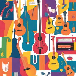 A vibrant and colorful book cover featuring various musical instruments