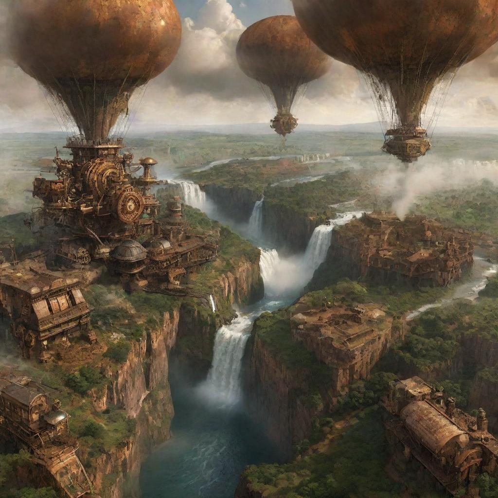 A dynamic representation of Zambia as a steampunk realm, displaying Victoria Falls churning amidst giant cogs, copper cities dotted across the savanna, and steam-powered creatures wandering through the vast wilderness.