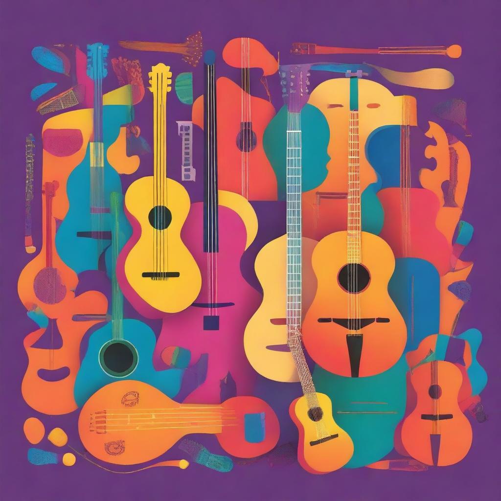 A vibrant and colorful book cover featuring various musical instruments