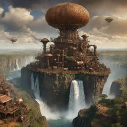 A dynamic representation of Zambia as a steampunk realm, displaying Victoria Falls churning amidst giant cogs, copper cities dotted across the savanna, and steam-powered creatures wandering through the vast wilderness.