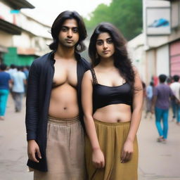 A very beautiful rich girl named Ananya, 21 years old from India, with brown straight hair, Caucasian skin, light makeup, huge round breasts, stocky big body, large butt, wearing a Punjabi black ball gown dress and bra, standing without gesture showing deep cleavage