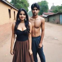 A very beautiful rich girl named Ananya, 21 years old from India, with brown straight hair, Caucasian skin, light makeup, huge round breasts, stocky big body, large butt, wearing a Punjabi black ball gown dress and bra, standing without gesture showing deep cleavage